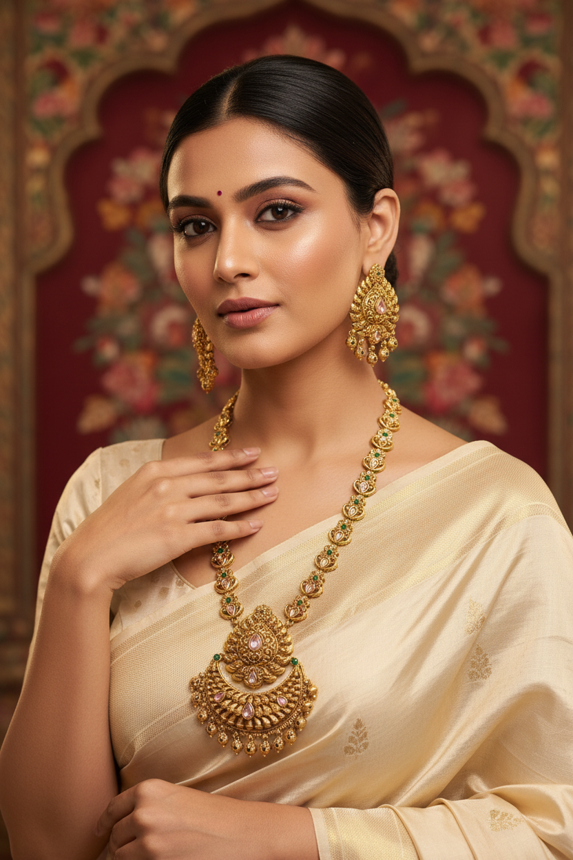 Elegant woman in cream silk saree wearing traditional gold necklace and earrings against ornate red backdrop