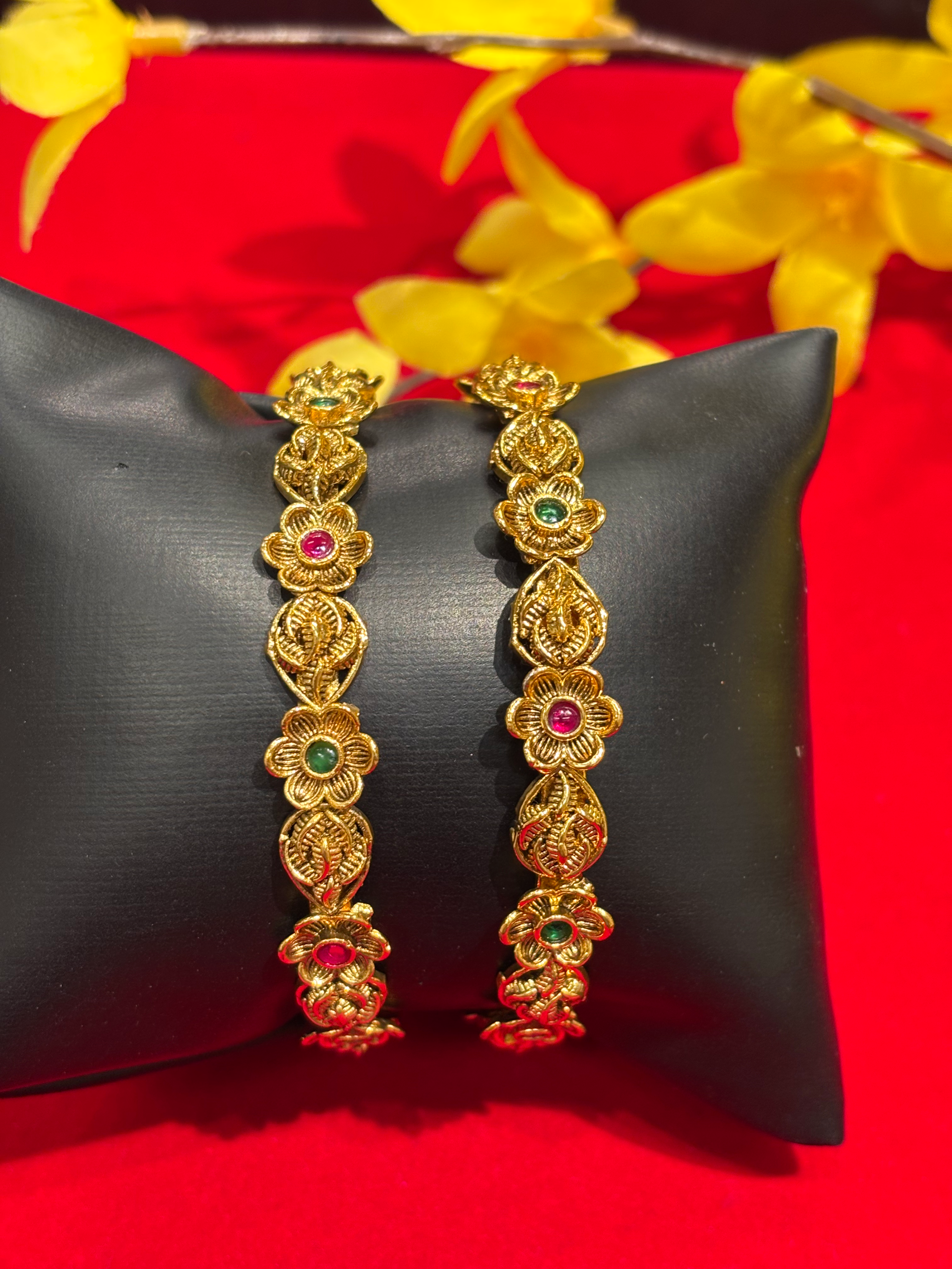 Antique Finish Flower Design Bangles Pair image 0