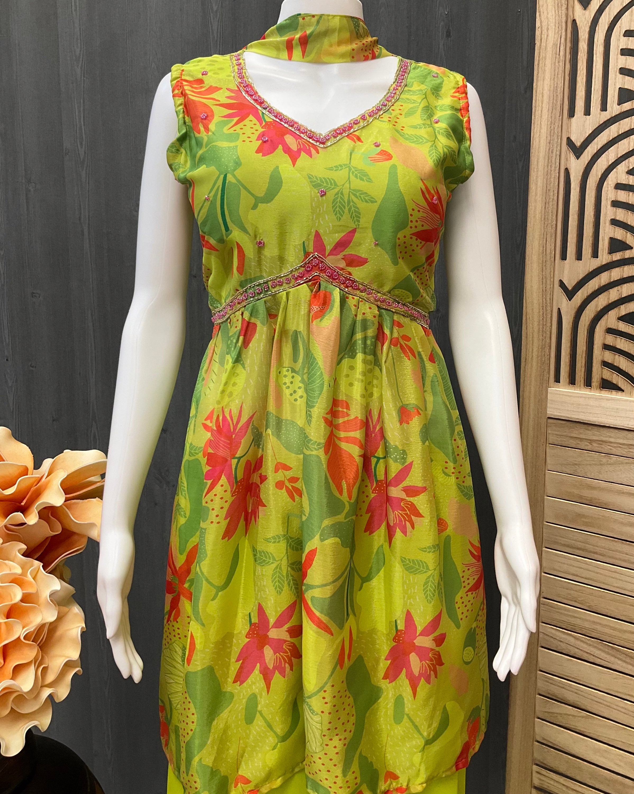 Neon Green Palazzo set with Floral print image 1
