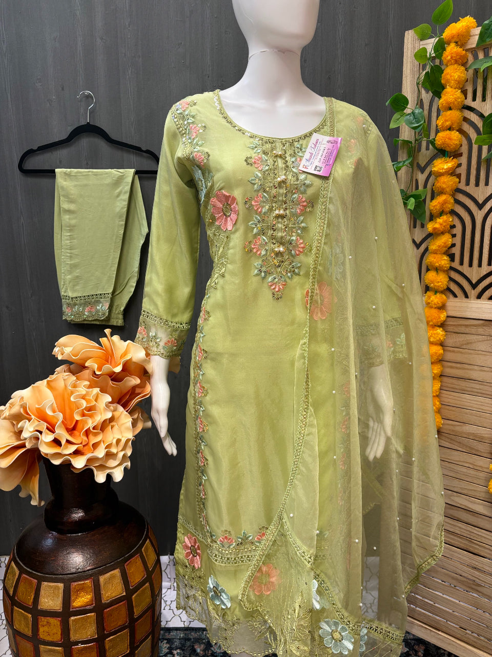 Pastel Green Party wear Churidar set image 0