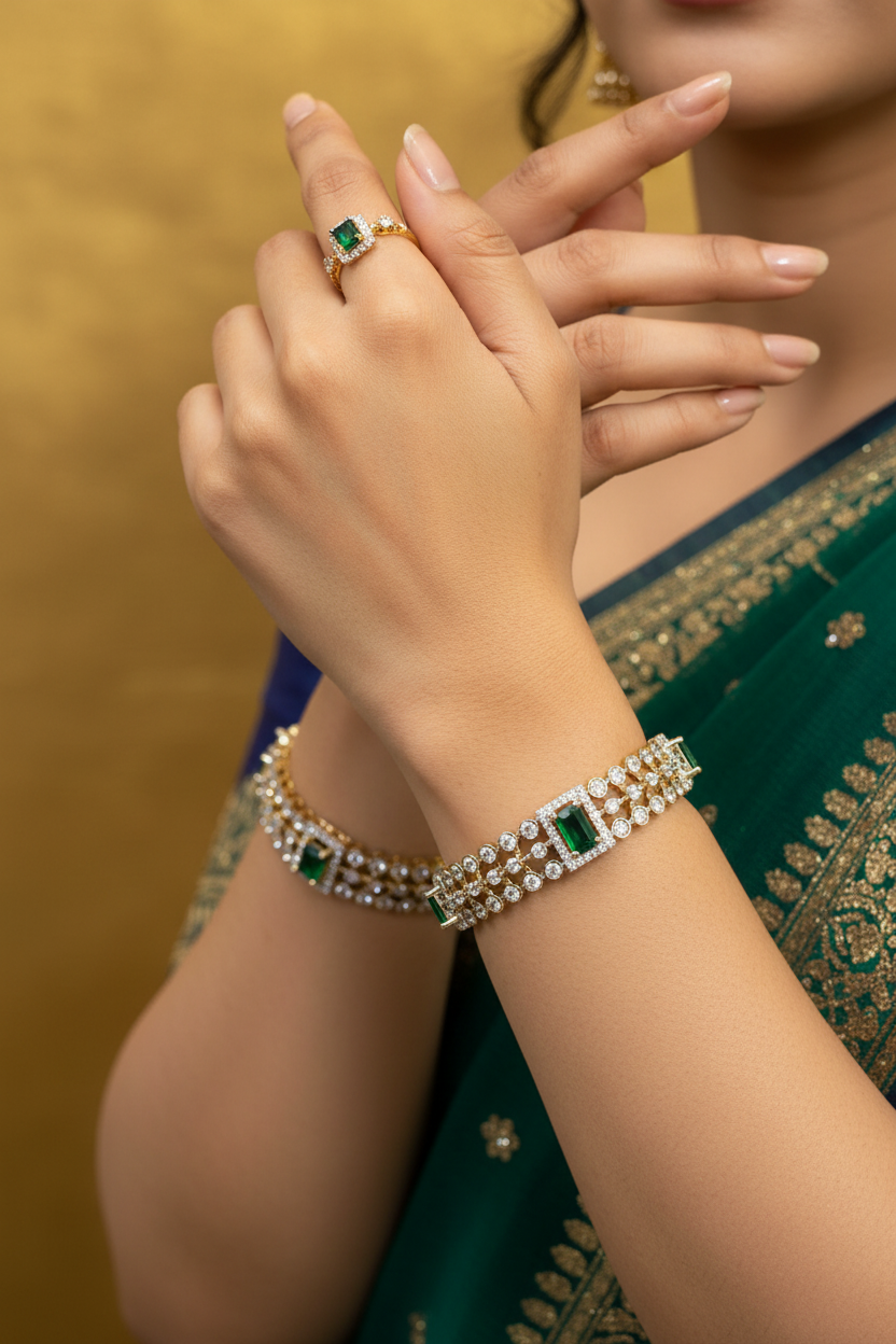 Close-up of hands wearing gold bracelet and ring with green gemstones and diamonds, Indian ethnic fashion saree