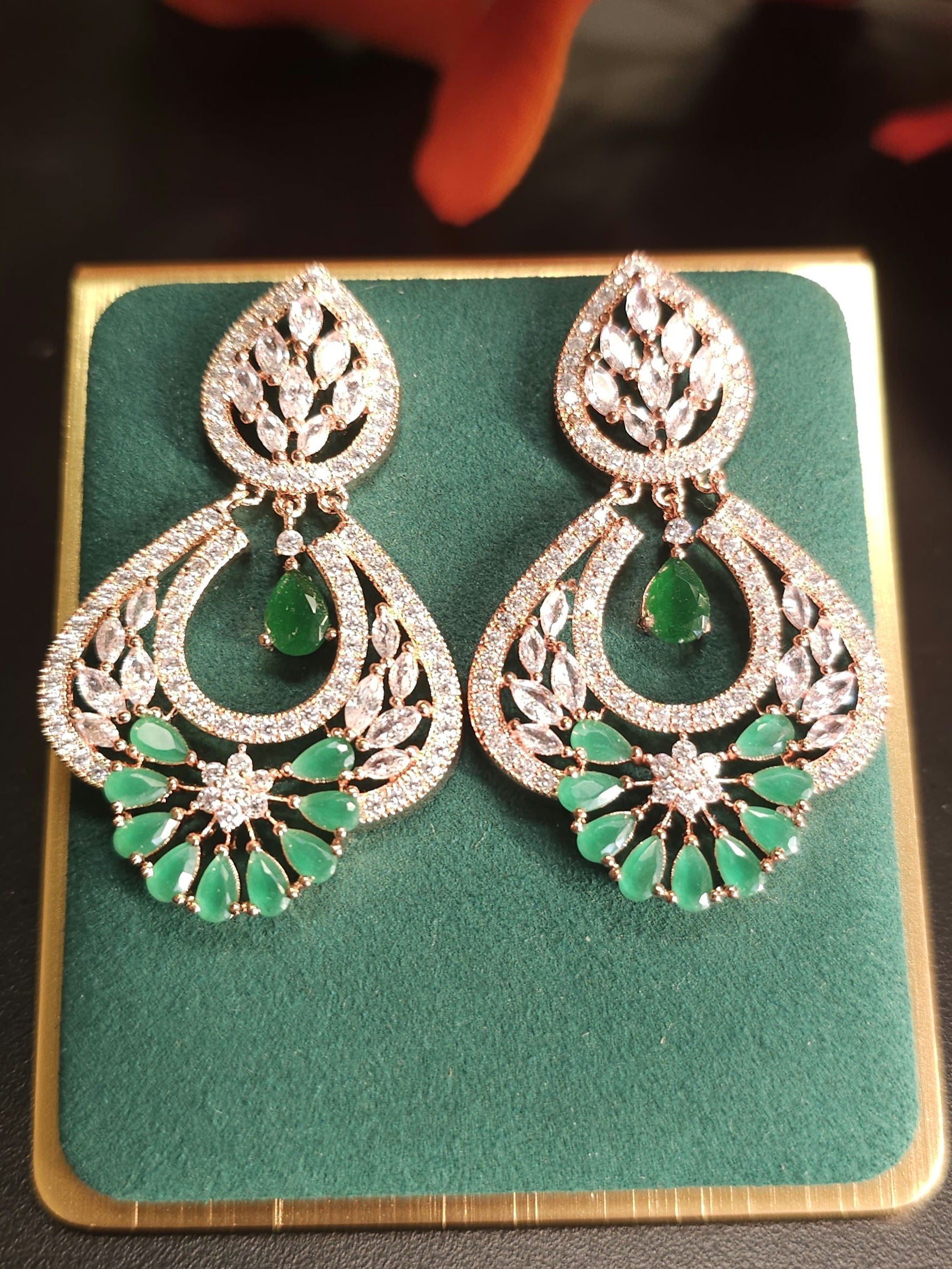 Jhumka Earrings - CZ Green Stone Pendant image 0