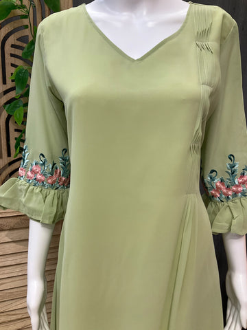 Light olive green color  pintuck Georgette kurti/ Frock style