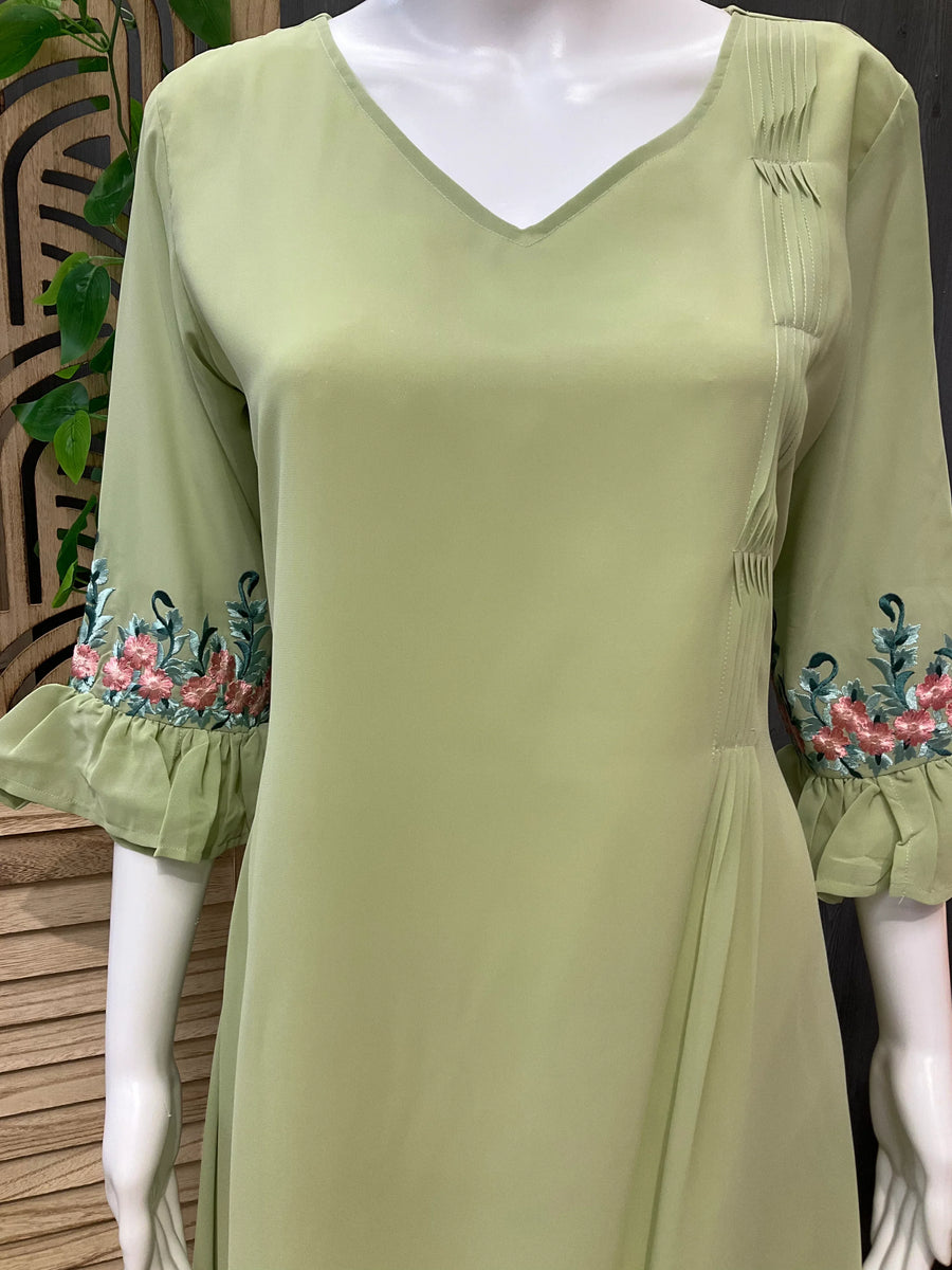 Light olive green color  pintuck Georgette kurti/ Frock style