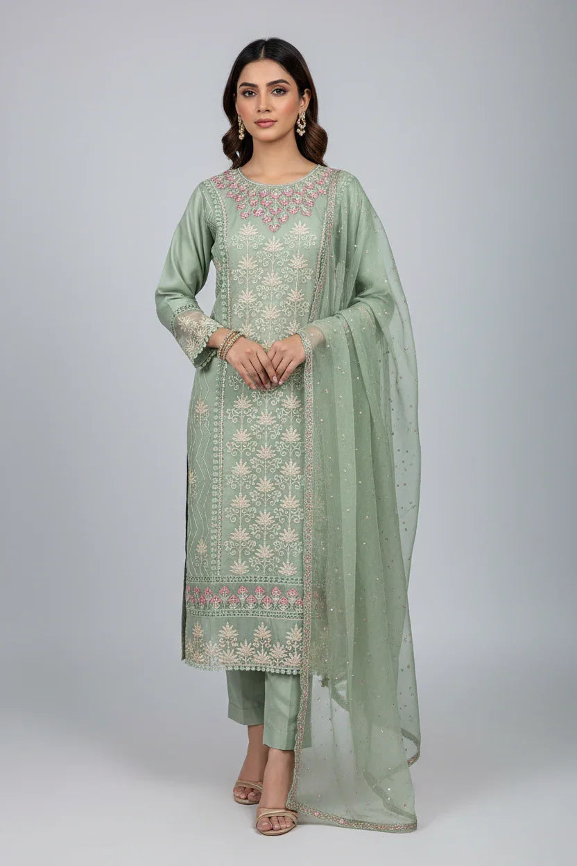 Woman wearing mint green embroidered Indian ethnic suit with matching dupatta and sandals on grey background