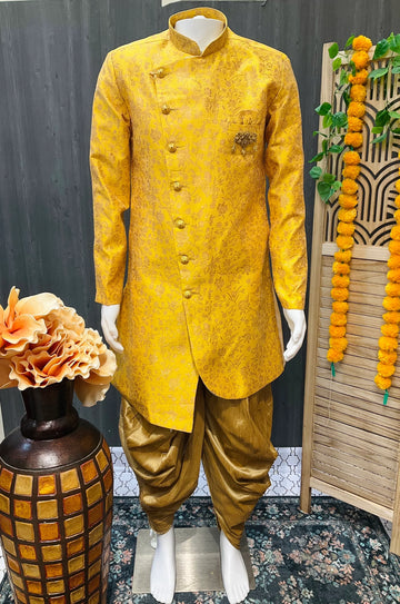 Indo Western Yellow Mens Sherwani with Dhoti Pants - Traditional Modern Blend