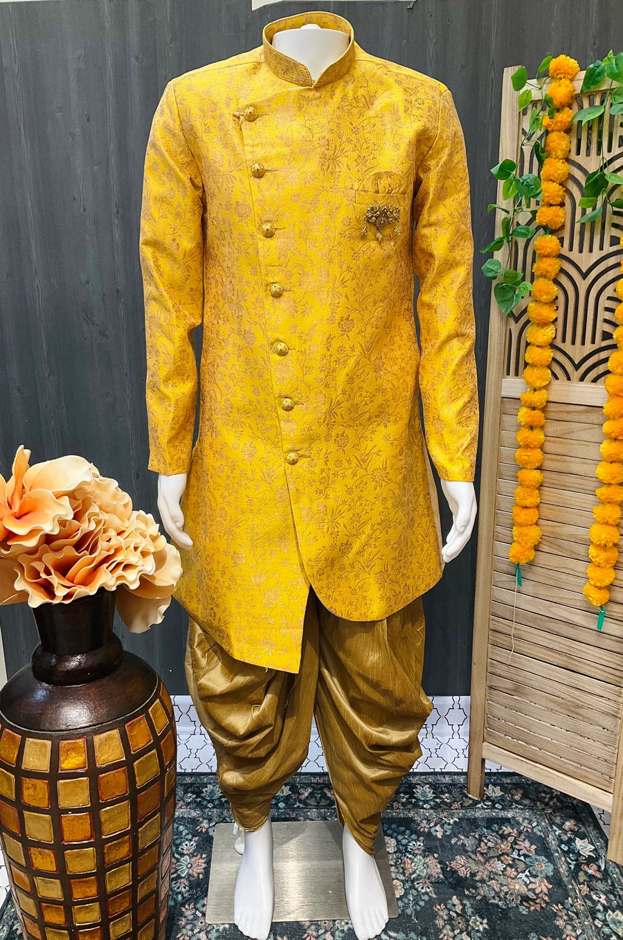 Indo Western Yellow Mens Sherwani with Dhoti Pants - Traditional Modern Blend