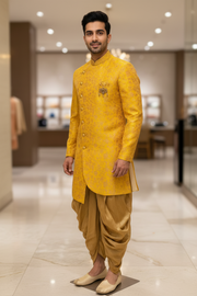 Men’s Indo Western Yellow Sherwani with Dhoti Pants Traditional Modern Blend