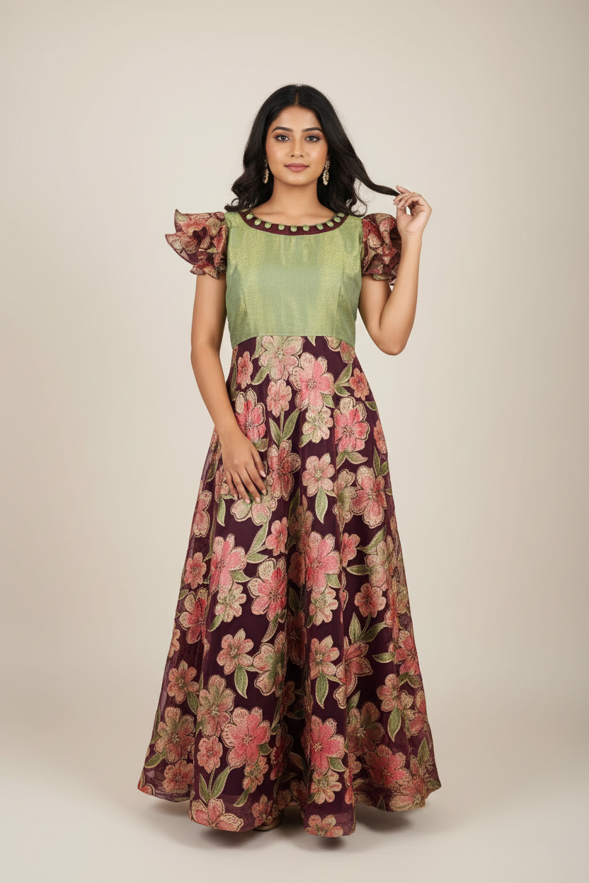 Girls Teenage Ethnic Wear - Customized Satin Silk Long Frock - Girls 34
