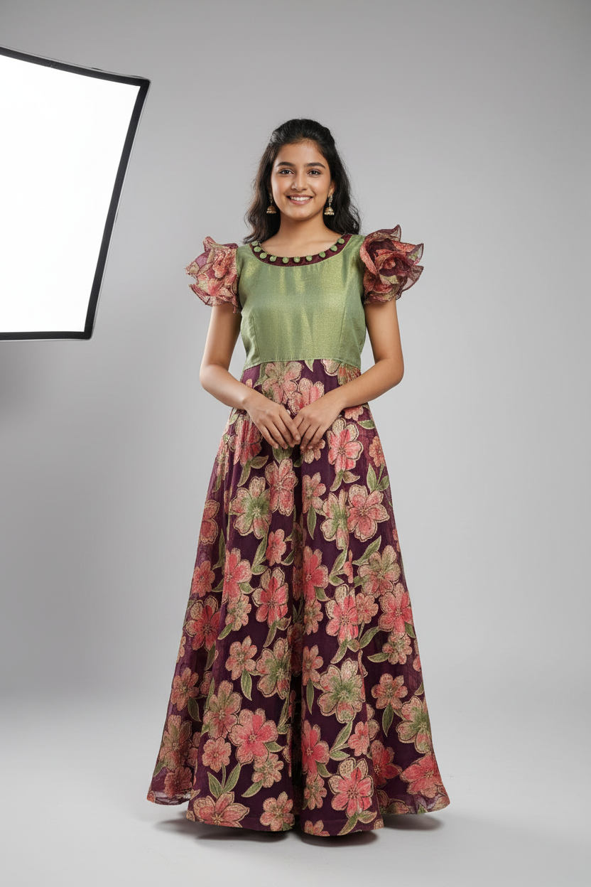 Girls Teenage Ethnic Wear - Customized Satin Silk Long Frock - Size 34