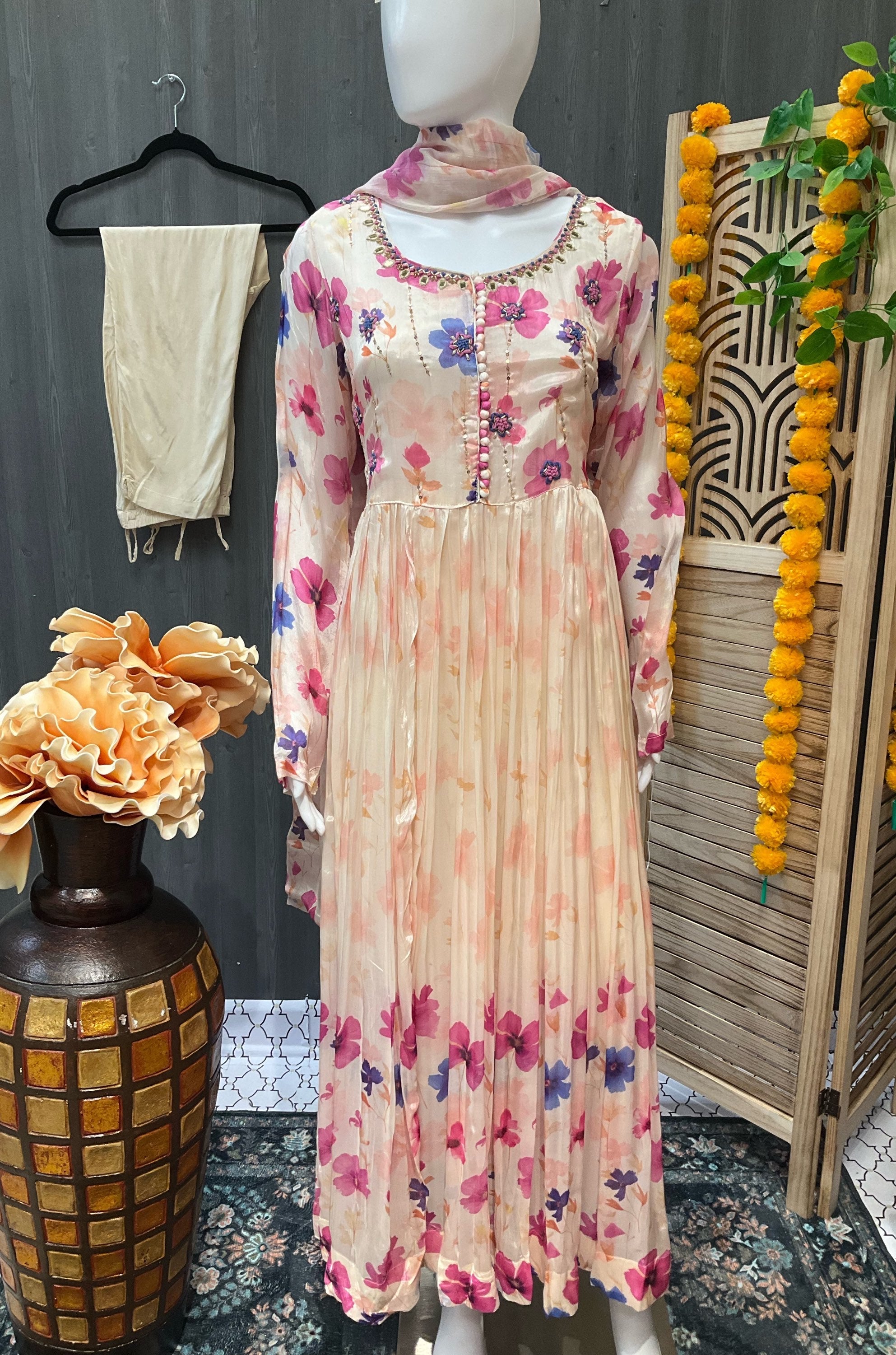 Half White Anarkali Floral print long dress image 0