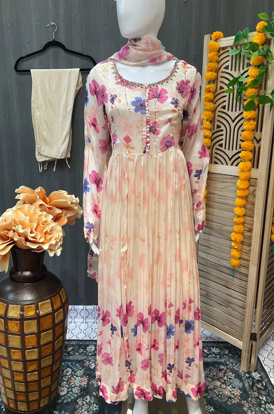 Half White Anarkali Floral print long dress