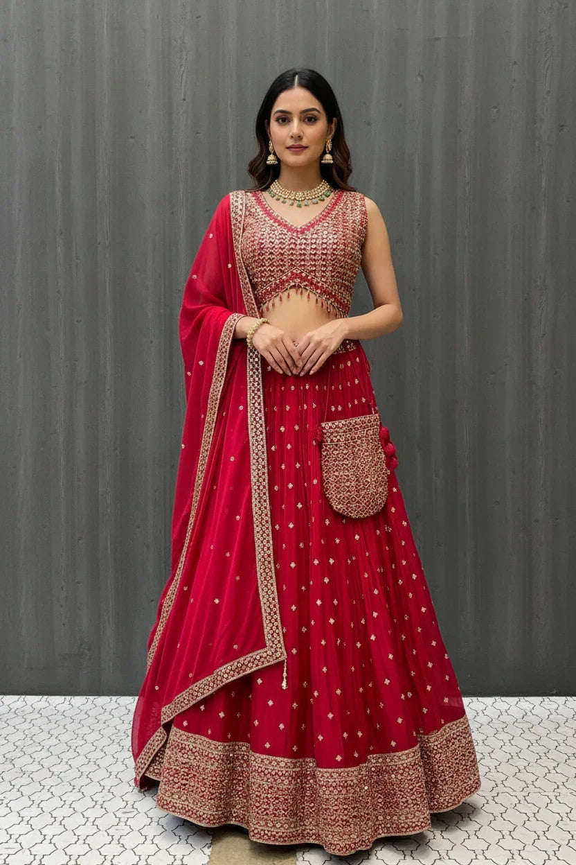 Woman in red embroidered Indian lehenga choli with matching dupatta, jewelry, and potli bag against gray wall