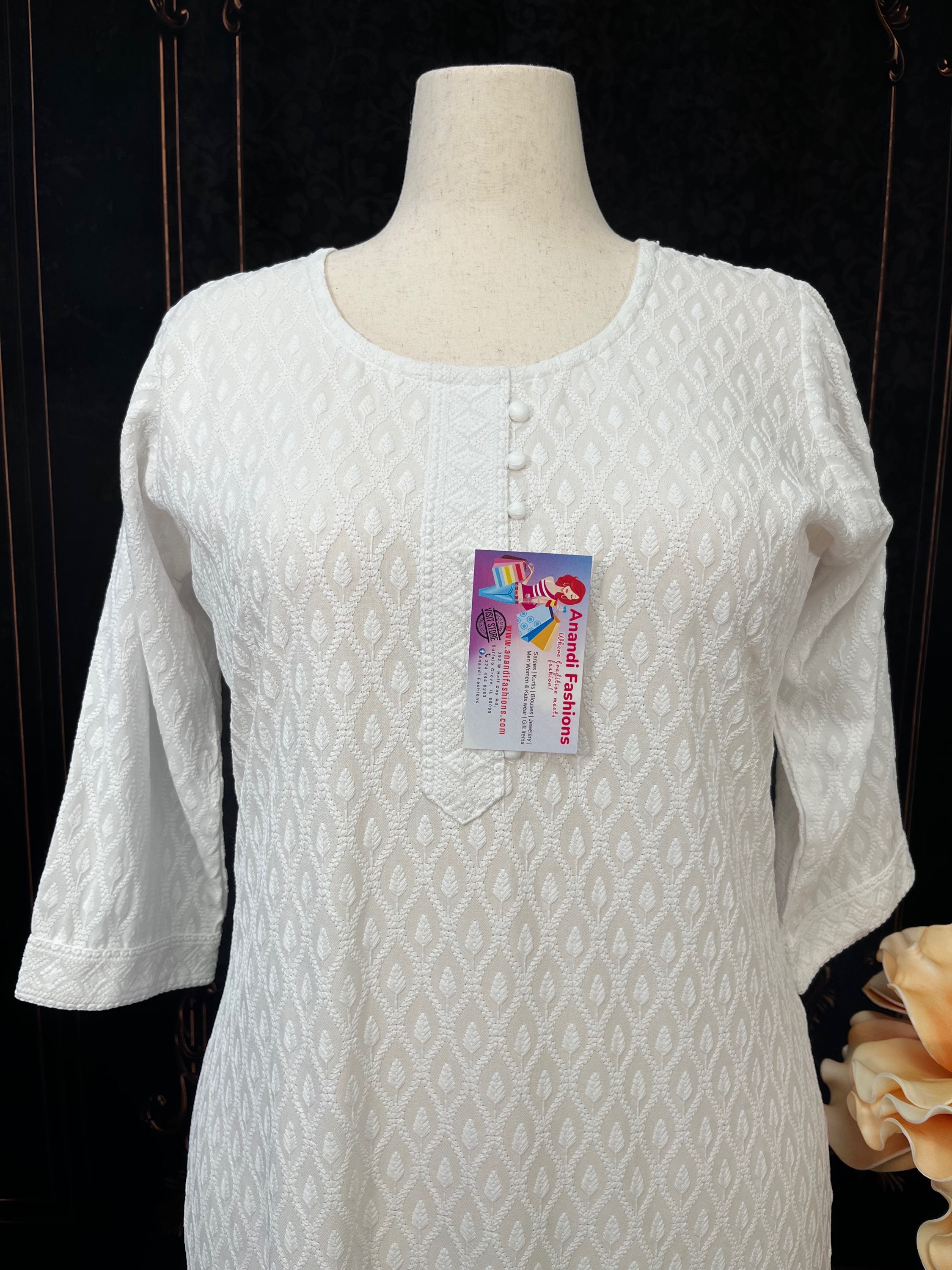 Plus Size  - white ChikanKari Rayon  kurti image 0