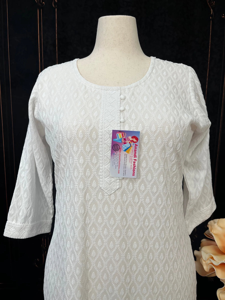 Plus Size White Chikankari Rayon Kurti Size 48 - Soft & Elegant
