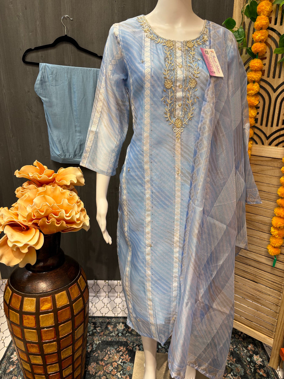 Blue -Organza Kurti/Churidar set image 0