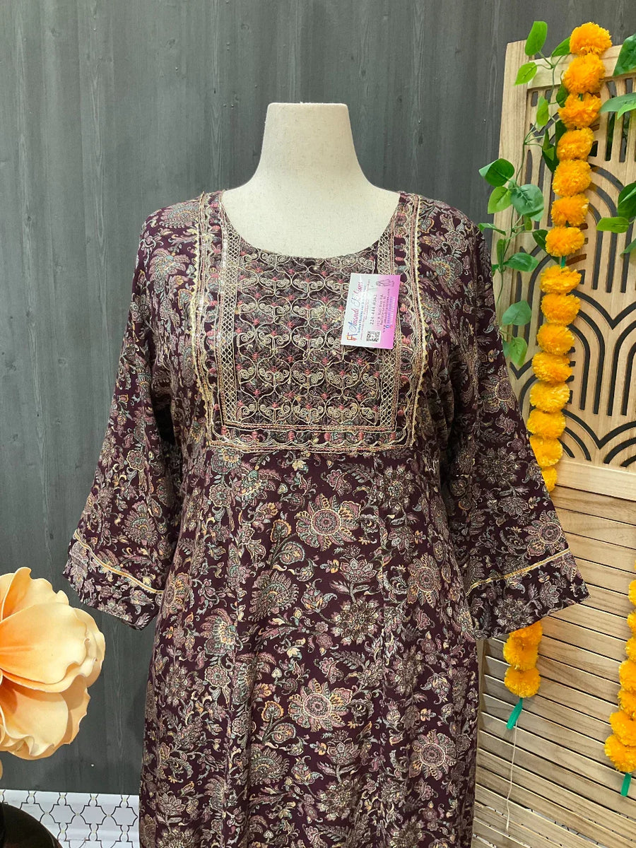 Plus Size Wine Color Rayon Anarkali Kurti - Size 58