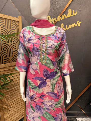 Fancy Floral Print Kurti Set - Hand Embroidery Party Wear