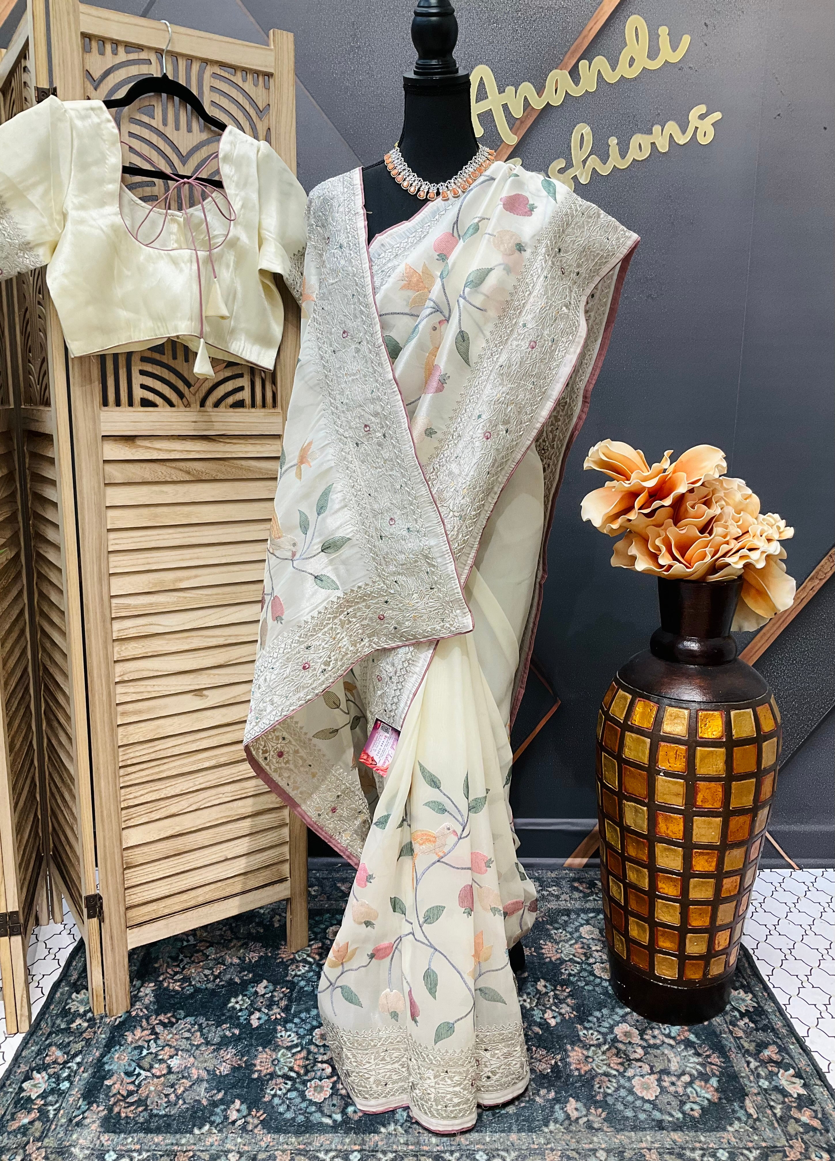 Oragnza Tissue Embroidery work  saree with Stitched blouse