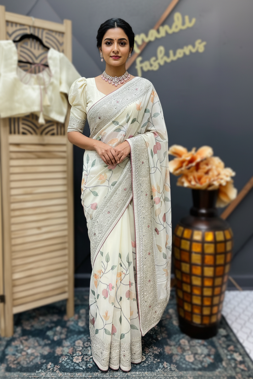 Oragnza Tissue Embroidery work  saree with Stitched blouse
