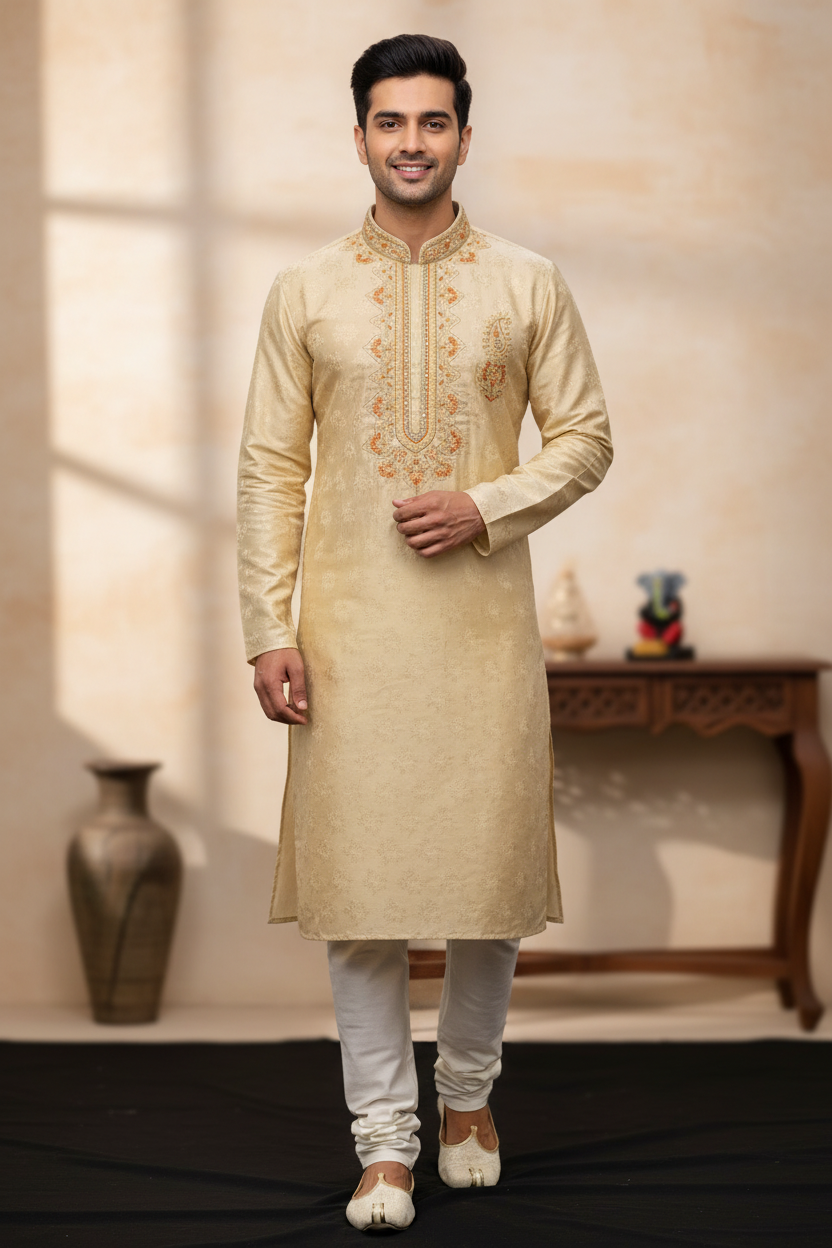 Size 36-Mens kurta - Yellow Kurta with Beautiful Embroidery