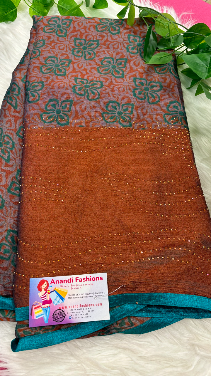 Chiffon Saree - Chiffon Brown Saree with Stone Work image 5