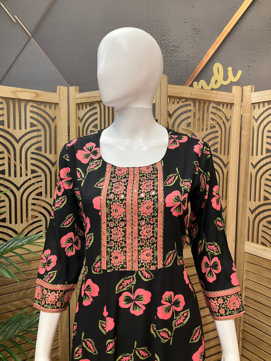 Women’s Pure Cotton Black Floral Long Kurti