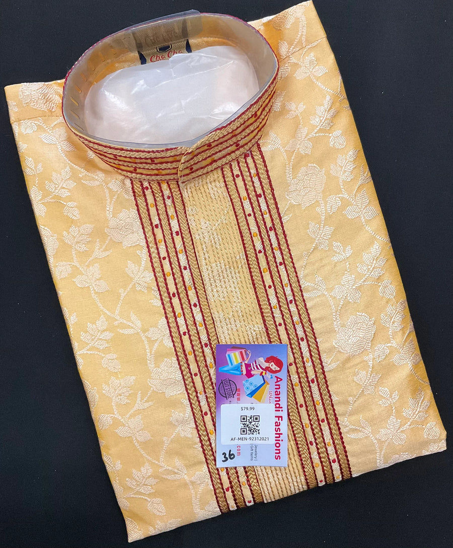 Size 36-Embroidered Kurta - Yellow Kurta with Red Pajama