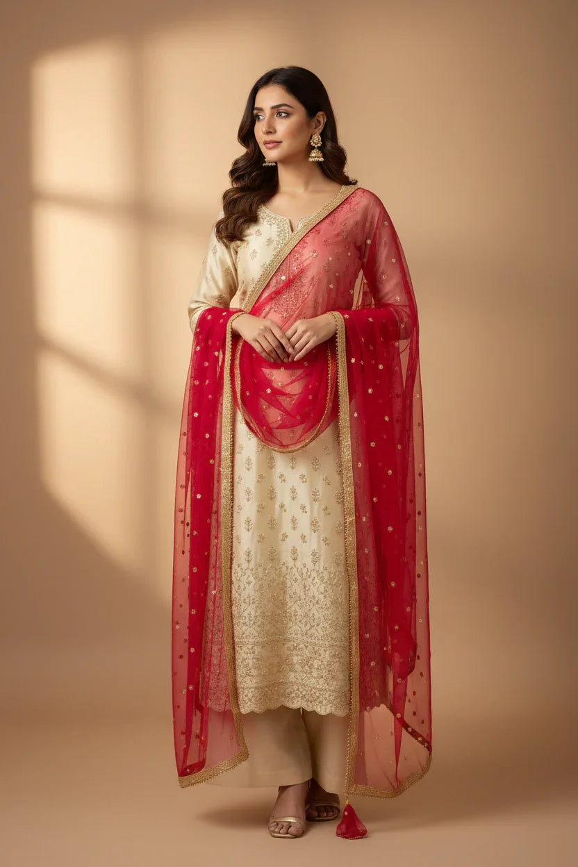 Woman in elegant cream and gold embroidered Indian ethnic suit with red embellished dupatta and gold earrings