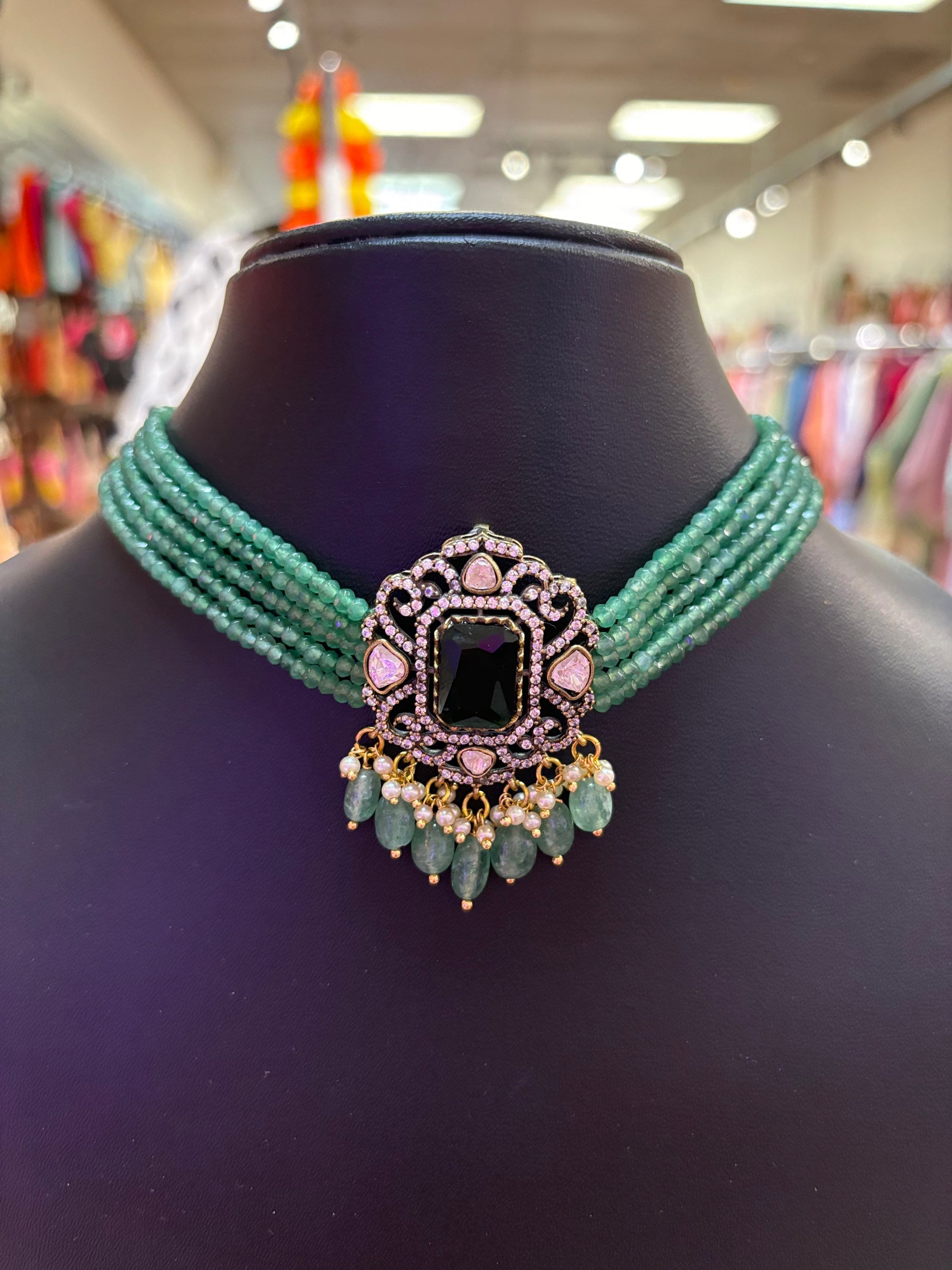 Green Beads Choker/Necklace with Victorian Pendant & Earrings  image 1