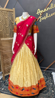 Teenage Girls Semi Paithani Half Saree/Lehenga set in Beige Color