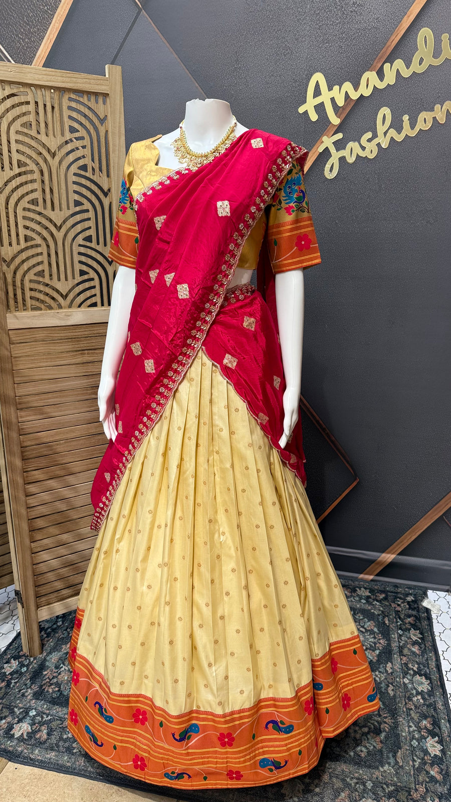 Teenage Girls Semi Paithani Half Saree/Lehenga set in Beige Color