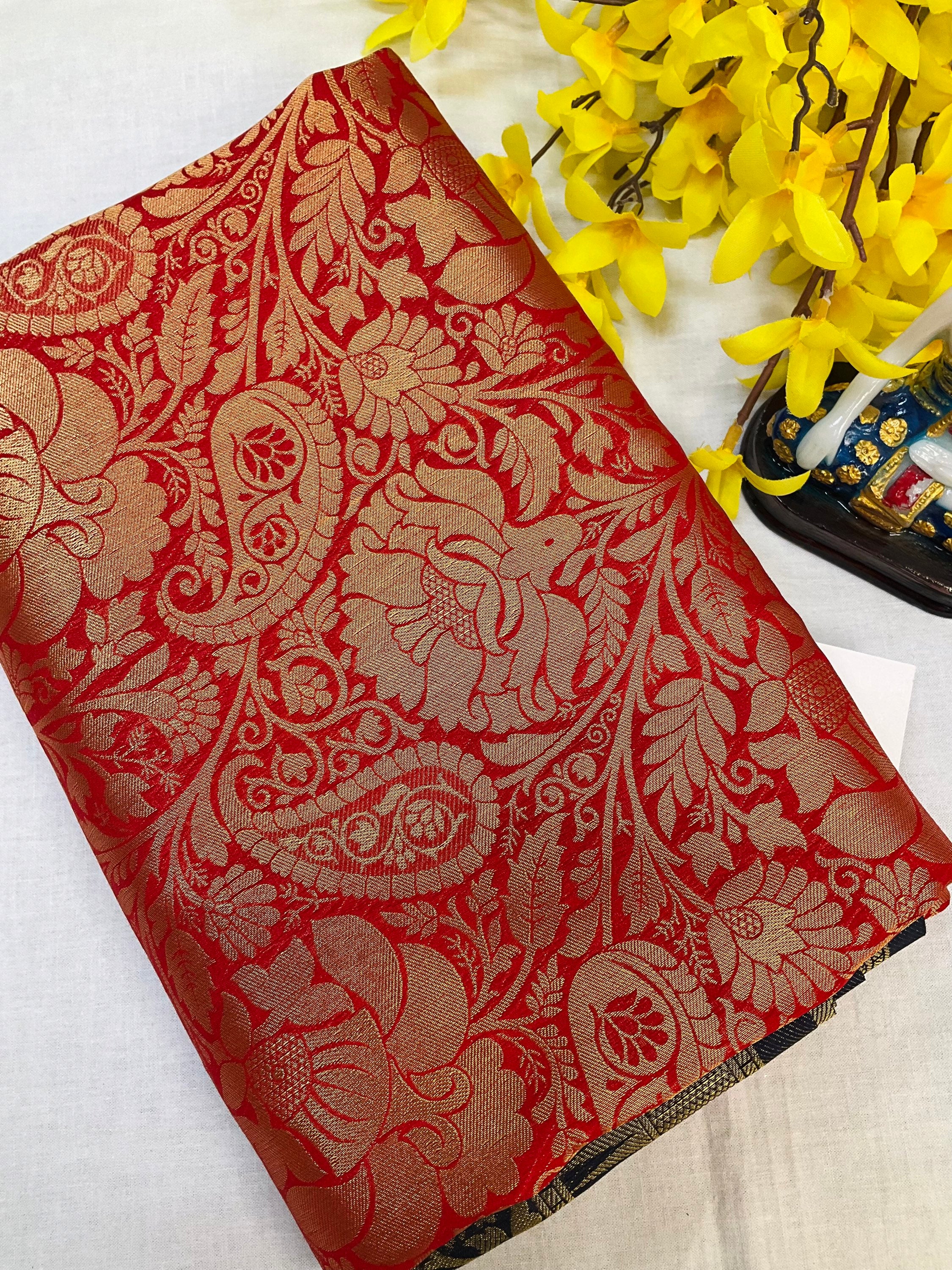 Red soft silk saree with jacquard design and navy blue border and pallu image 3