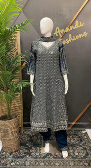 Teal Blue Georgette Party Wear Anarkali Kurti Set Size 40 - Silver Zari