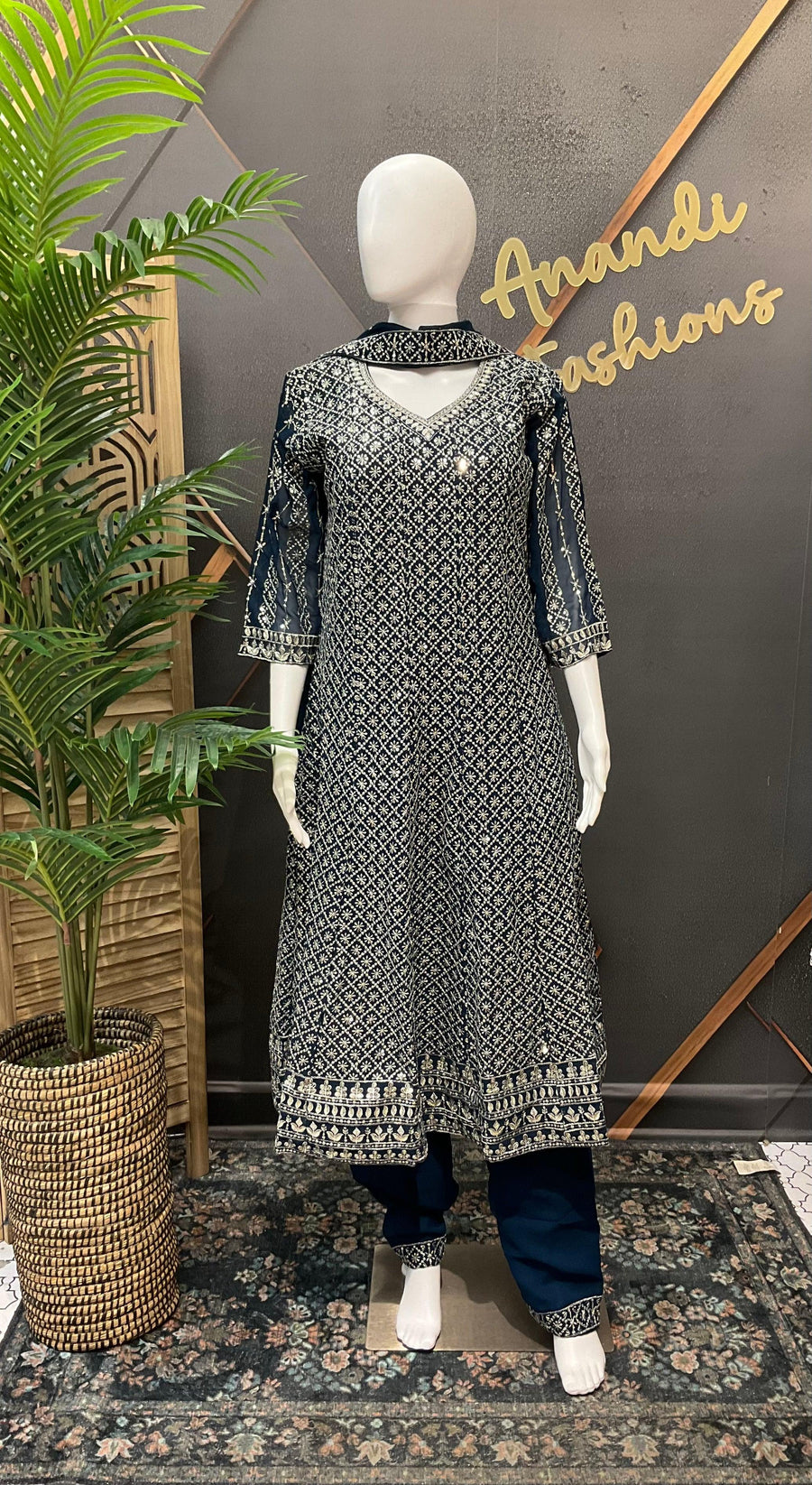 Teal Blue Georgette Party Wear Anarkali Kurti Set Size 40 - Silver Zari