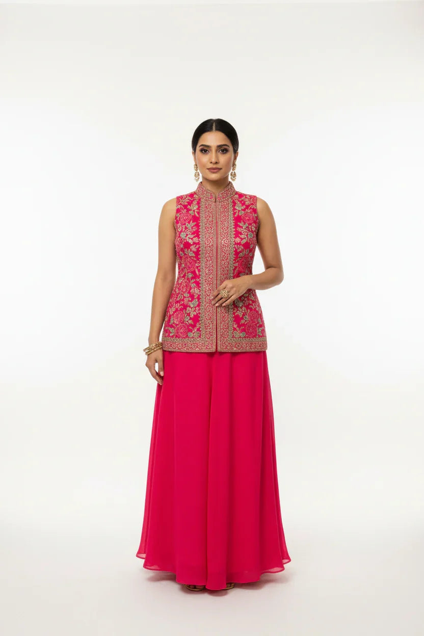 Pink Bhandhini Sharara Set - High Low Style Party Wear