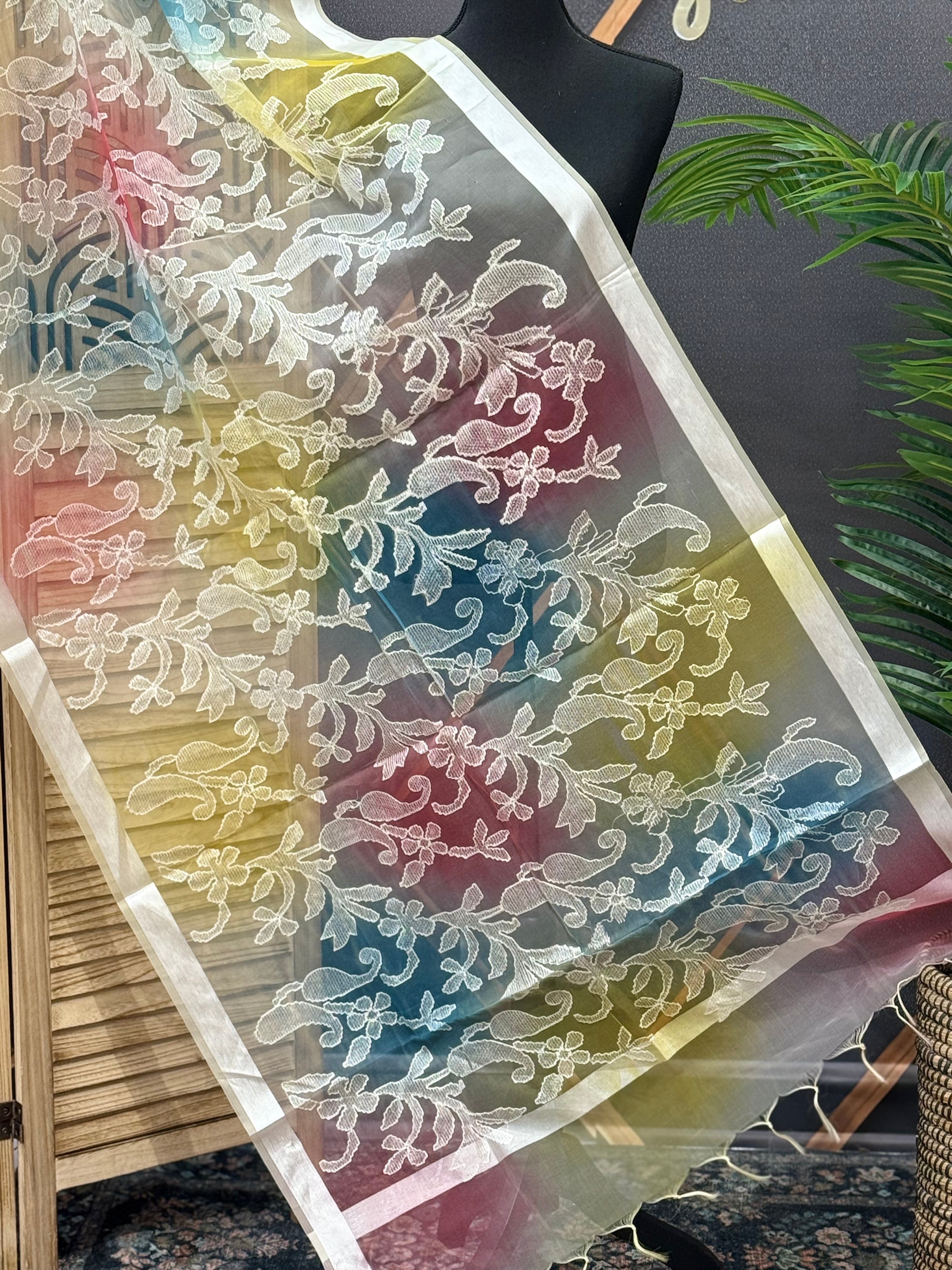 Multicolor Organza Dupatta with Thread Embroidery