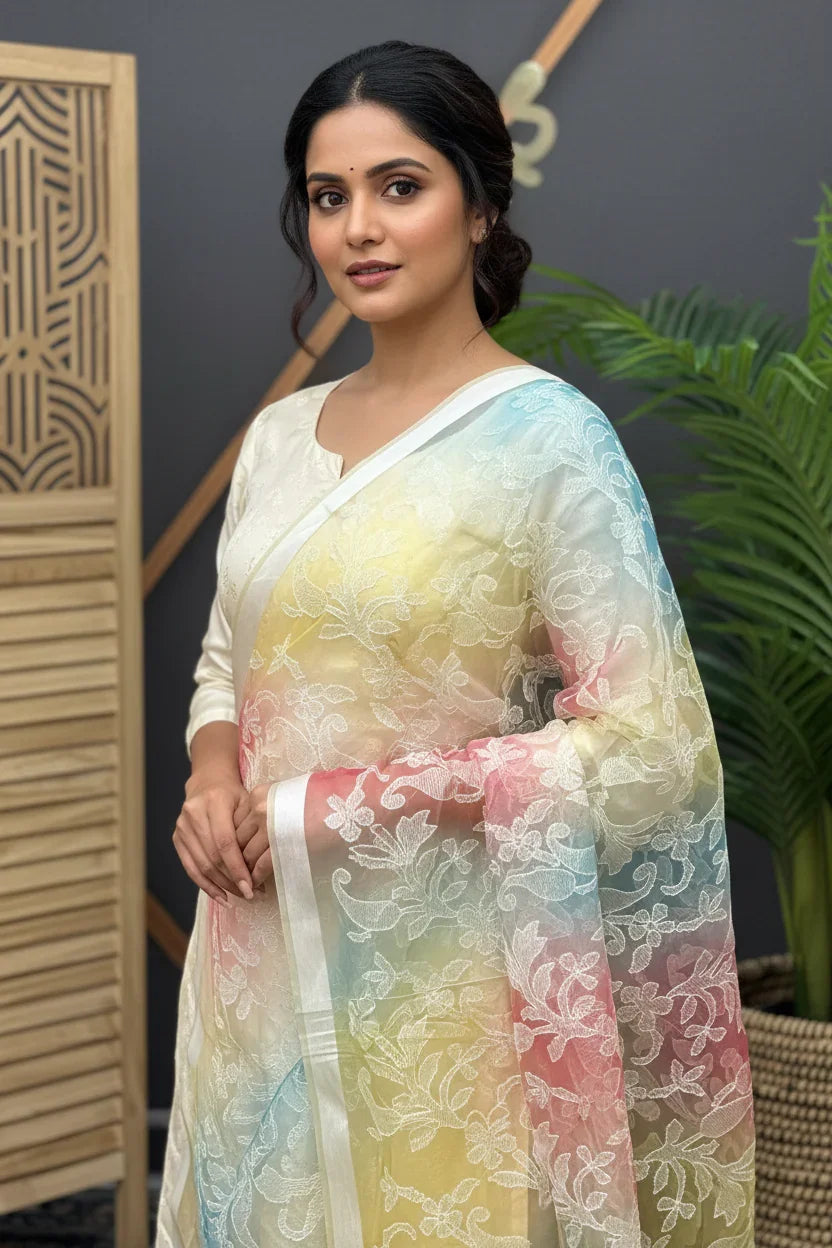 Multicolor Organza Dupatta with Thread Embroidery