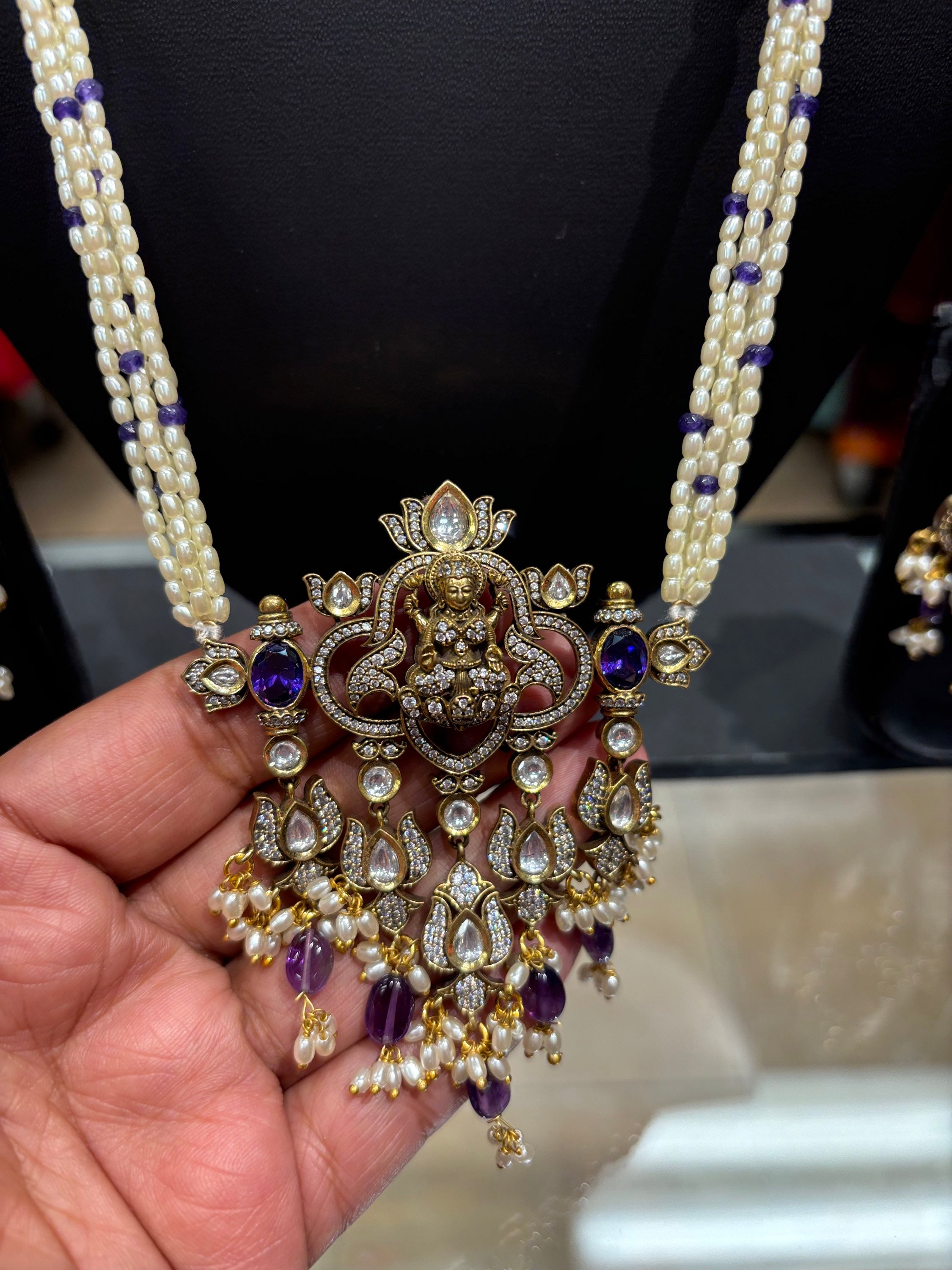 Pearl Long Necklace set with Goddess Lakshmi Pendant set image 1