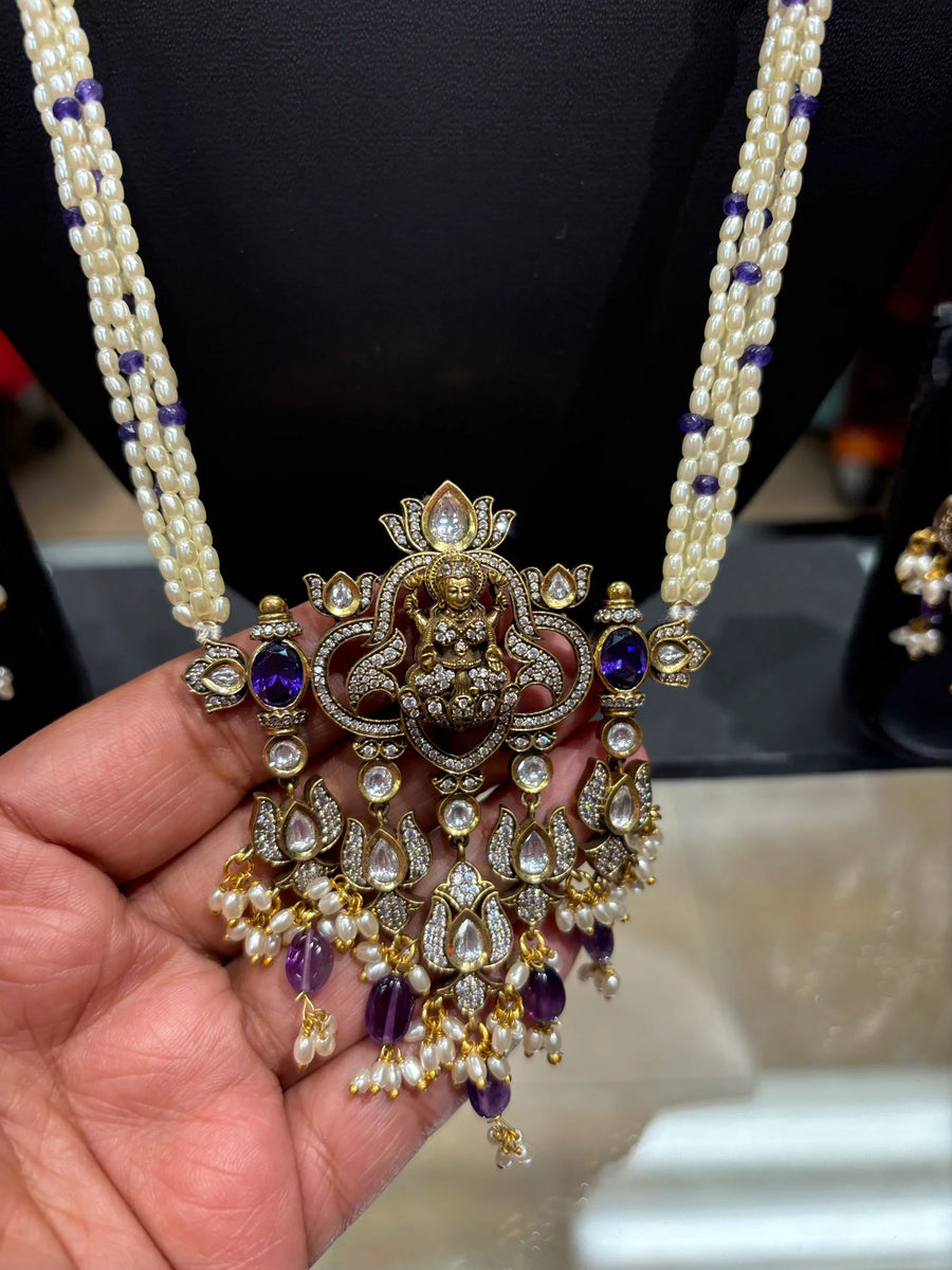 Pearl Long Necklace set with Goddess Lakshmi Pendant set