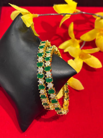 Pair of CZ Stone Bangles with Emeralds