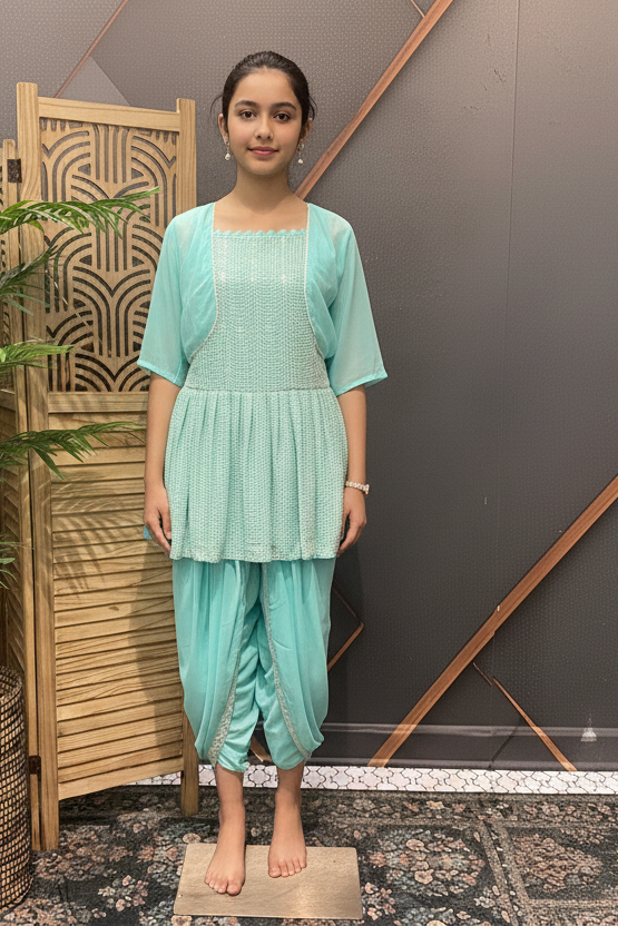Woman in a teal outfit standing in front of a decorative wall with plants.