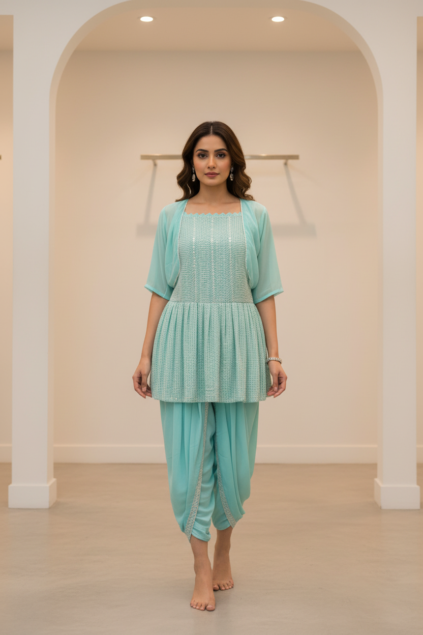 Teenage Girls Dhoti Kurti set with coat- Blue color