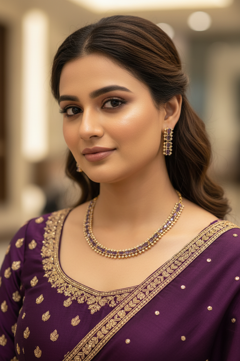 Close-up of woman wearing purple Indian ethnic wear with gold embroidery, matching gold and purple jewelry