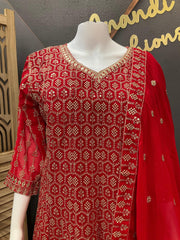 Plus Size Red Anarkali Party Wear Kurti Set Size 46 - Georgette with Gold Zari