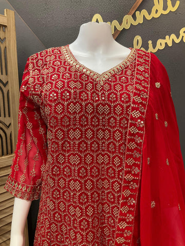 Plus Size Red Anarkali Party Wear Kurti Set Size 46 - Georgette with Gold Zari