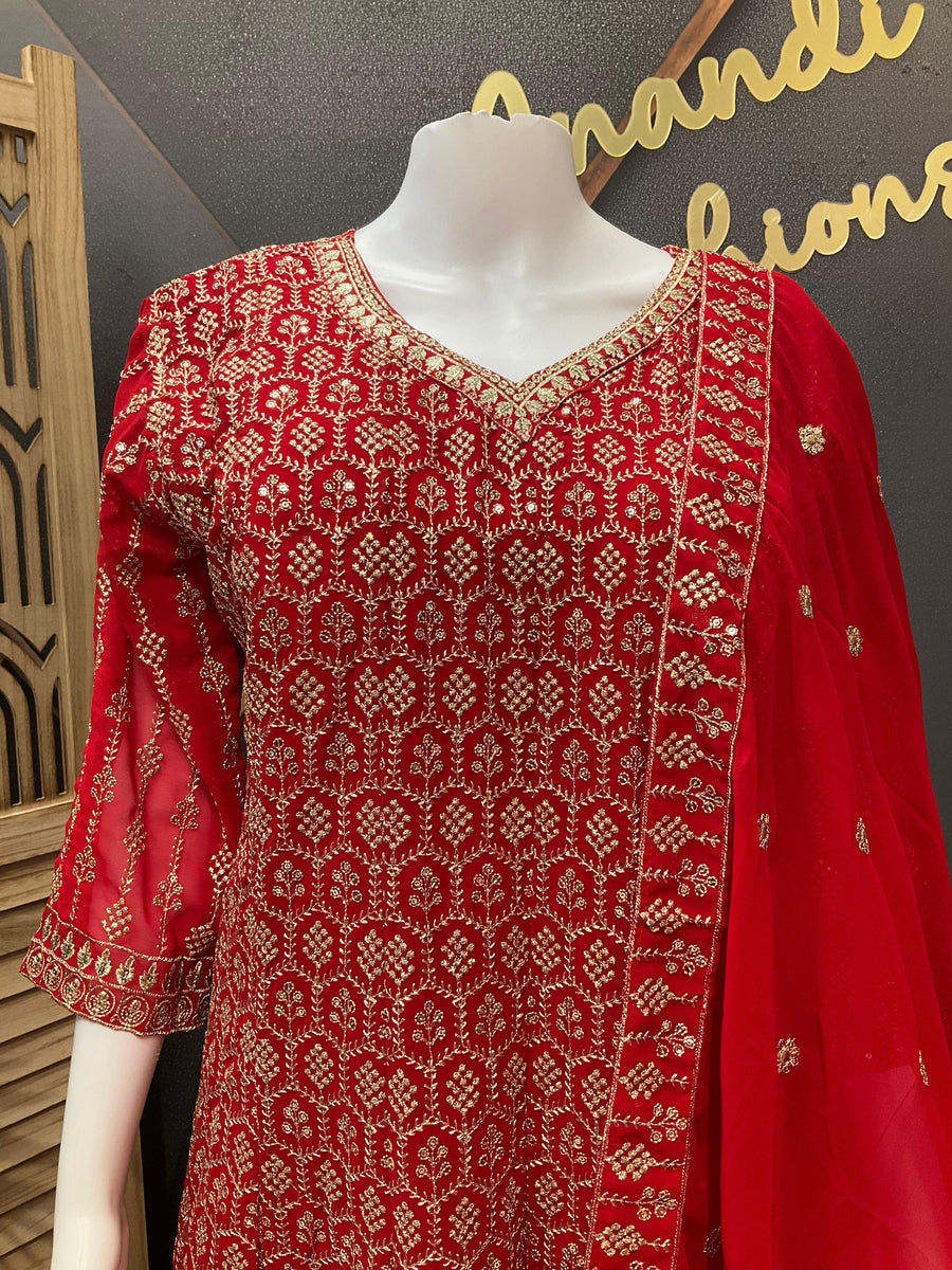 Plus Size Red Anarkali Party Wear Kurti Set Size 46 - Georgette with Gold Zari
