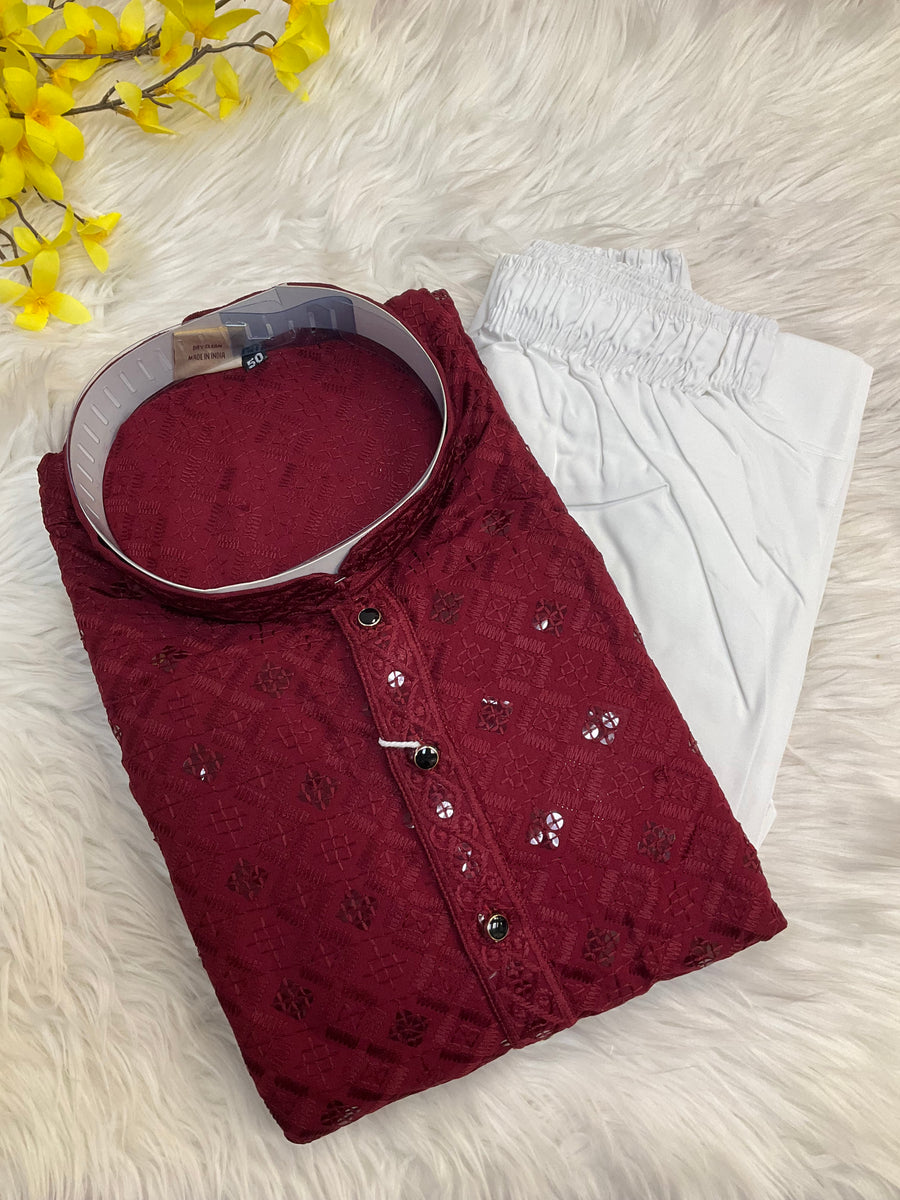 Maroon Rayon Chikankari Men’s wear Kurta set
