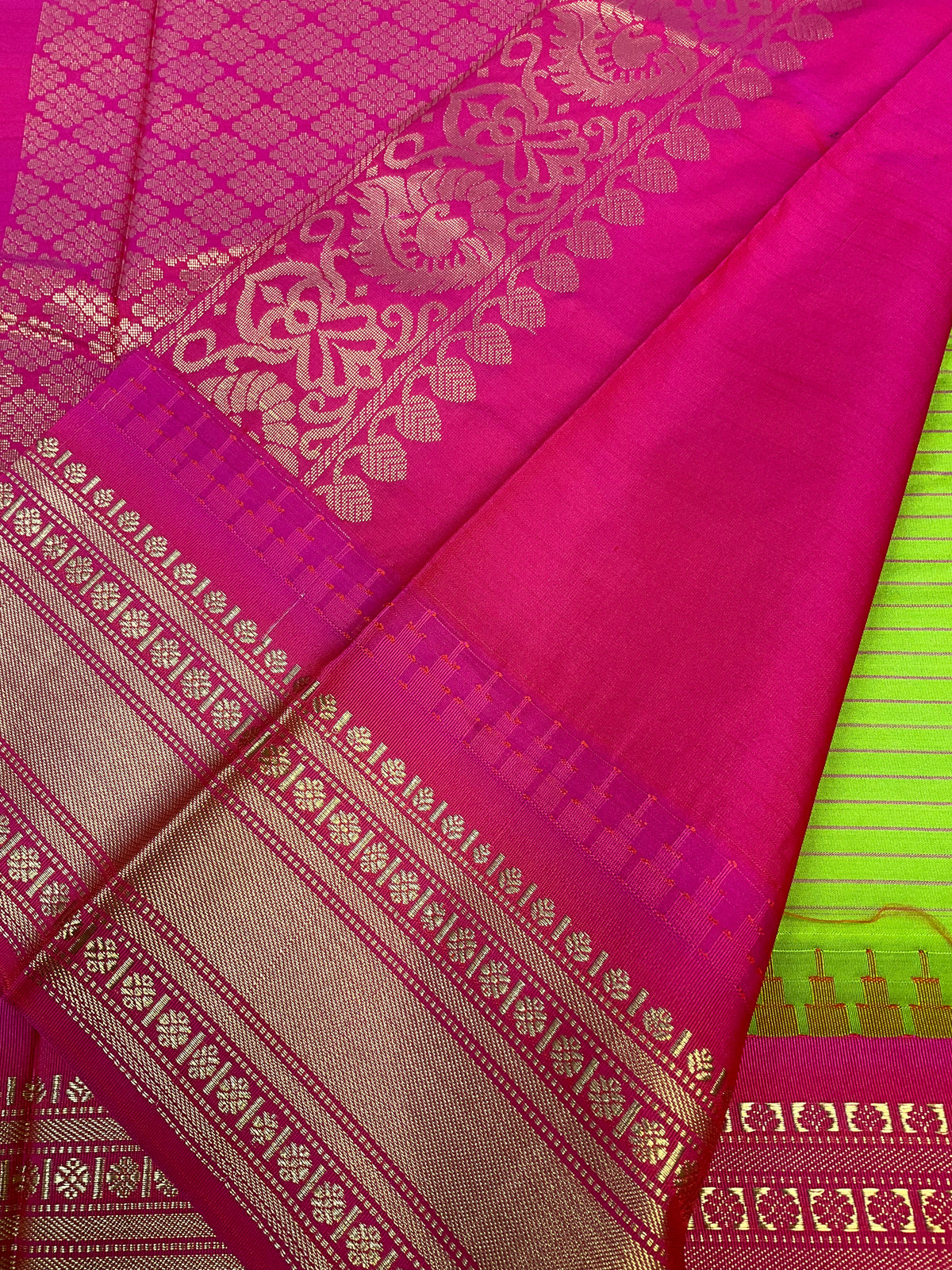 Parrot Green Checks - Semi Gadwal Silk Saree