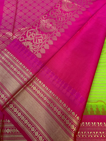 Parrot Green Checks - Semi Gadwal Silk Saree